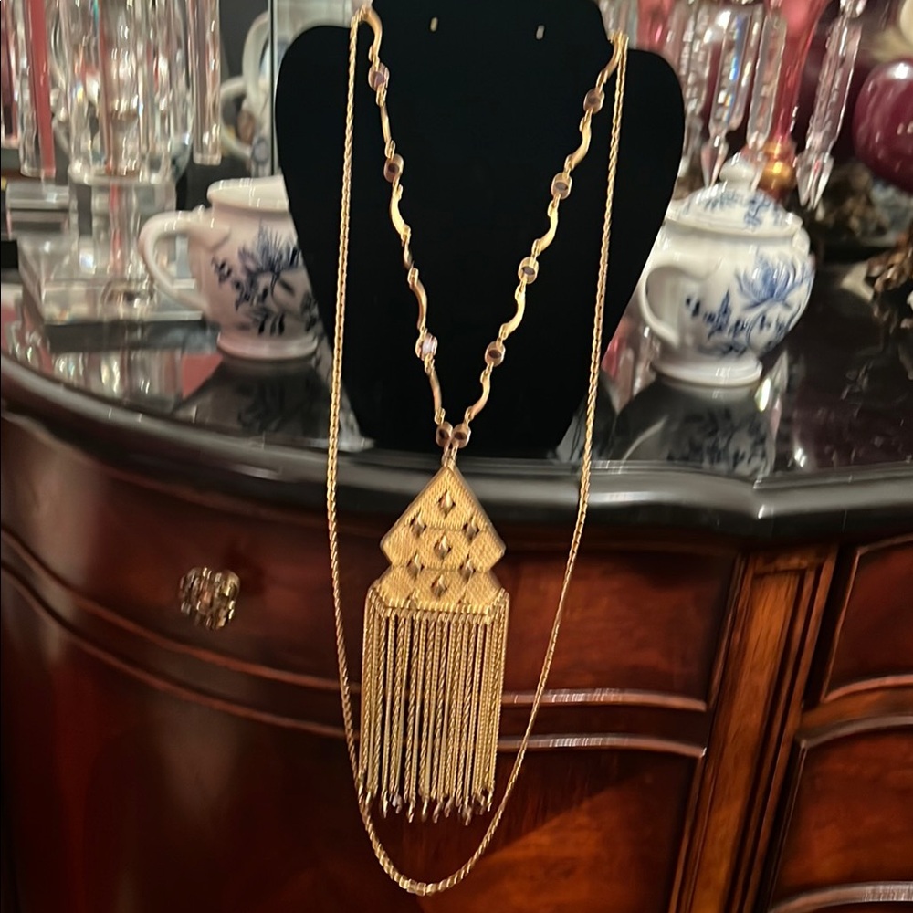 Gold Ornate Pendant Necklace with Tassel